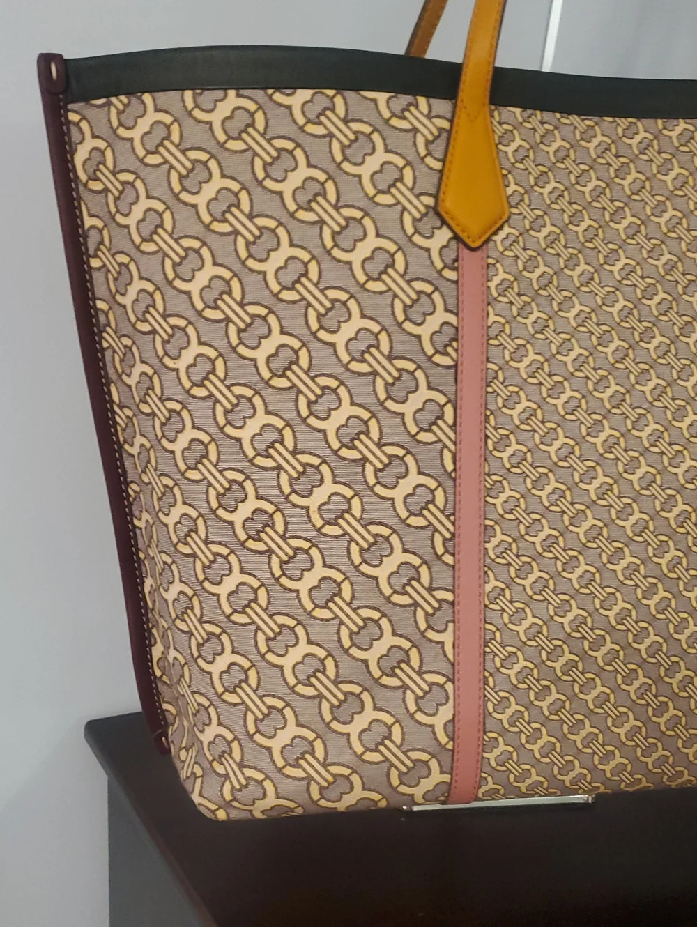 Tory Burch Beige Patterned Canvas Tote with Yellow Straps